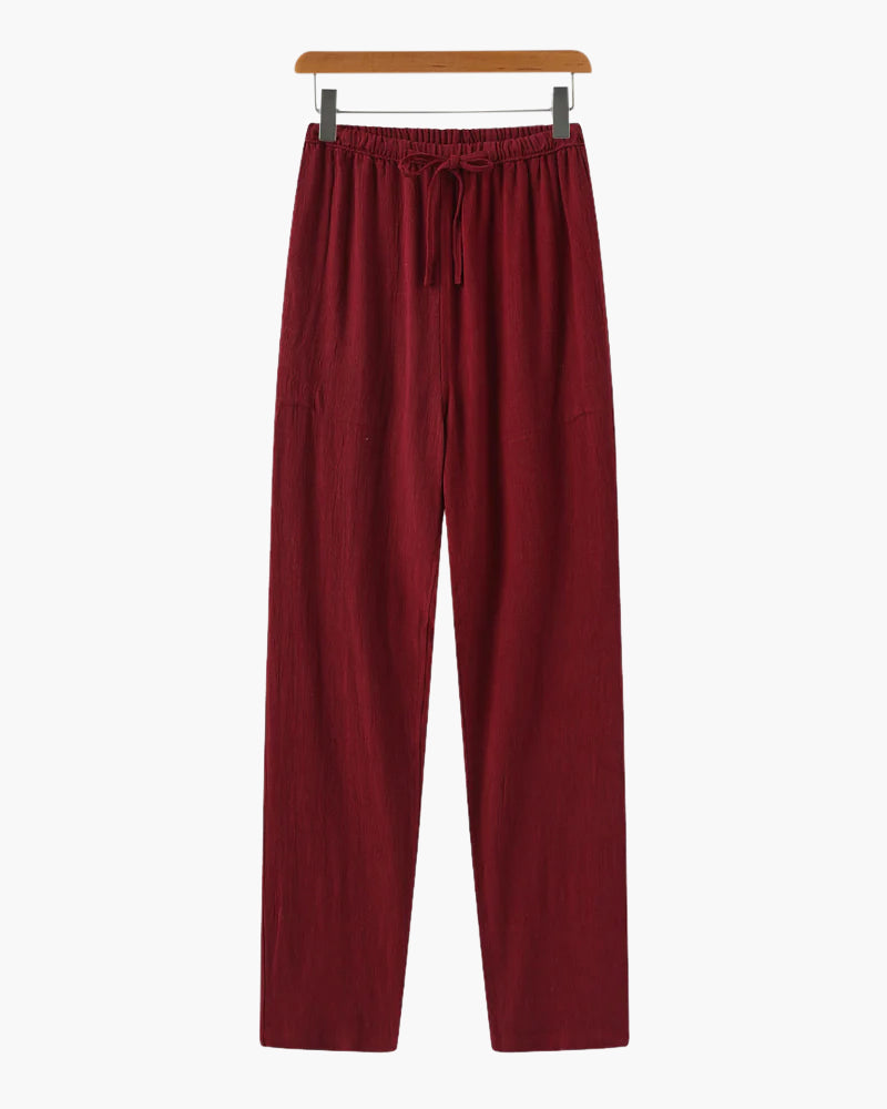 Linen Drawstring Pants – Light Beige – Relaxed Fit - Mance Wear Red / S