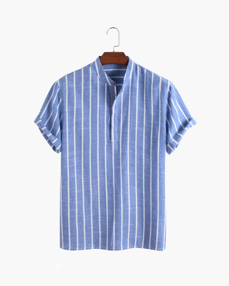 Striped Linen Shirt – Short Sleeve – Band Collar - Mance Wear Blue / S