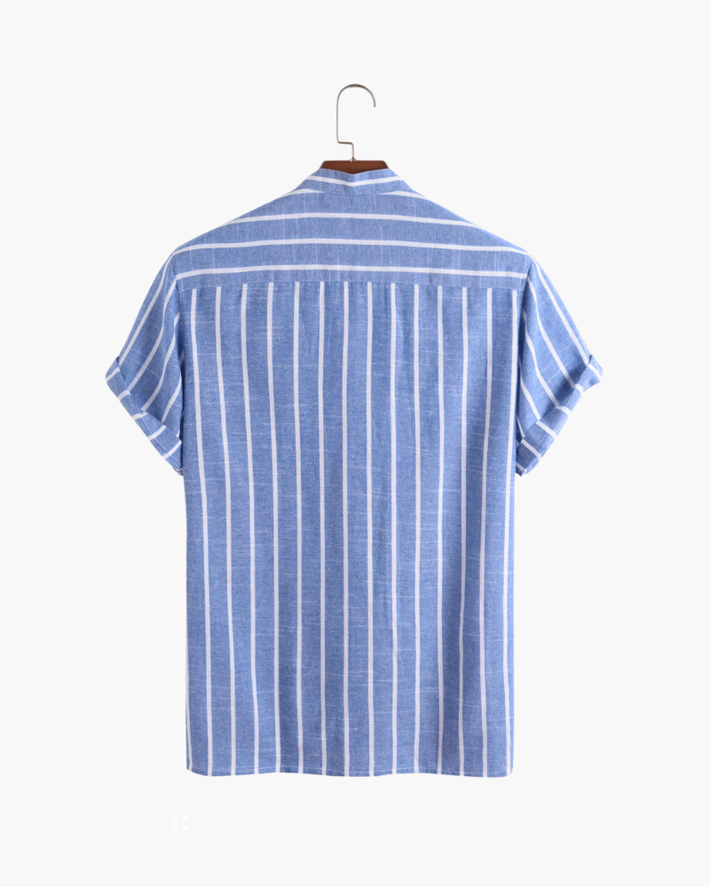 Striped Linen Shirt – Short Sleeve – Band Collar - Mance Wear Blue / S