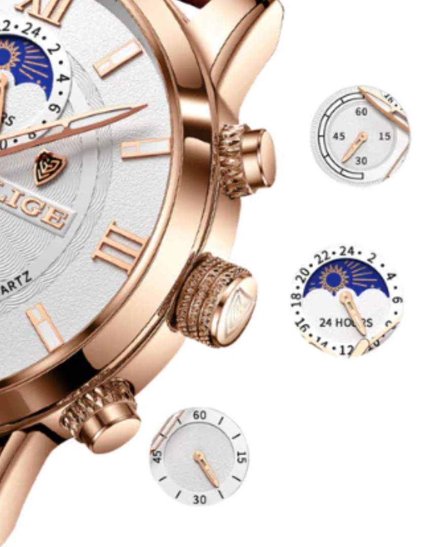 Lugano Classic Chronograph Watch – Rose Gold & Brown Leather - Mance Wear Brown / White