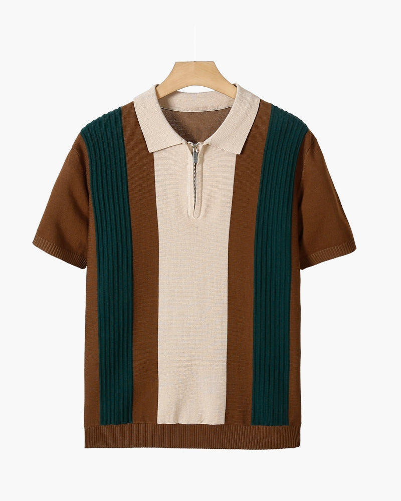 Men's Knitted Polo Shirt with Zipper – Striped Green, Beige and Off-White - Mance Wear Brown / XS