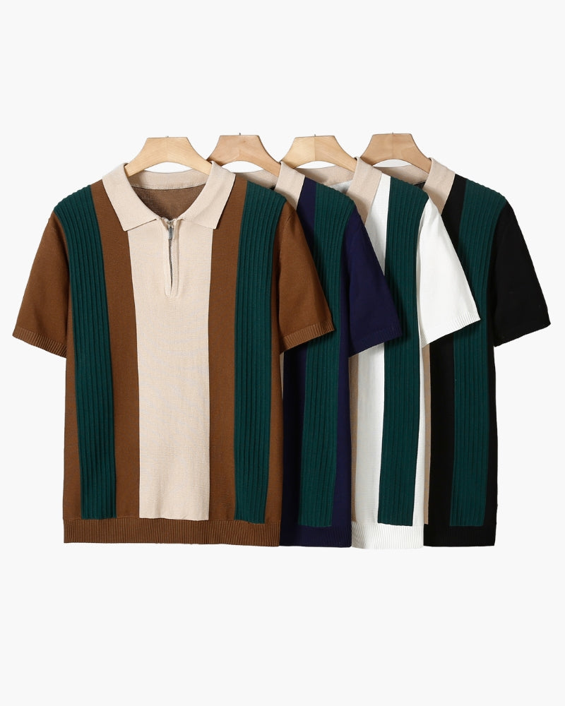 Men's Knitted Polo Shirt with Zipper – Striped Green, Beige and Off-White - Mance Wear White / XS