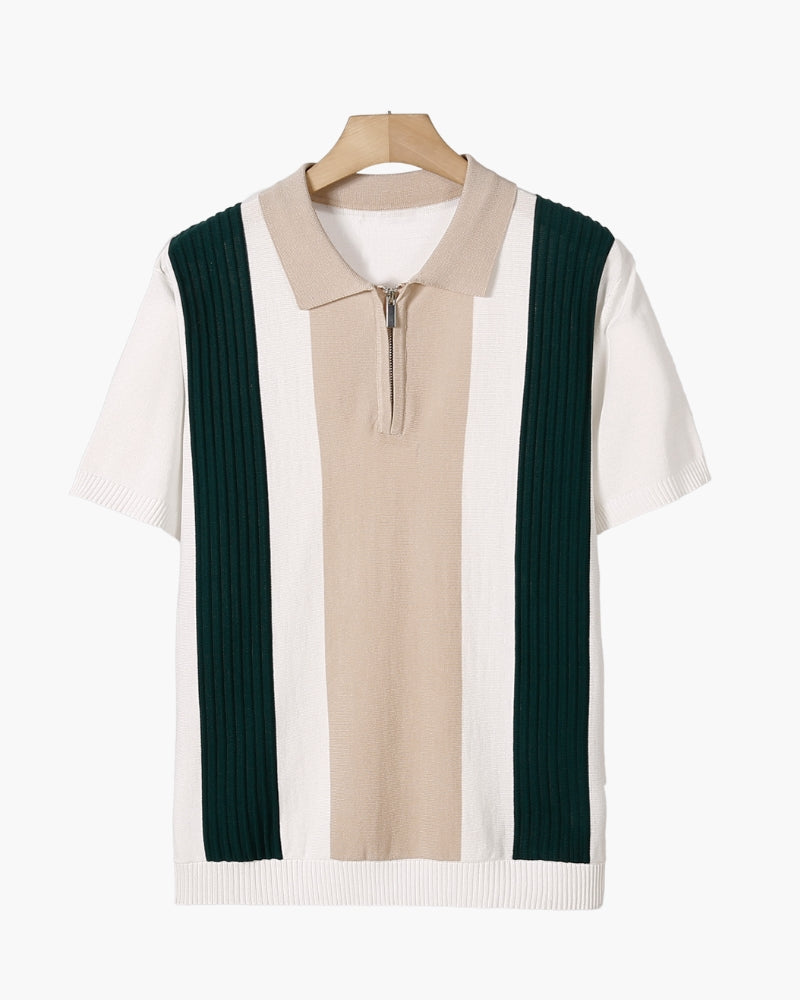 Men's Knitted Polo Shirt with Zipper – Striped Green, Beige and Off-White - Mance Wear White / XS