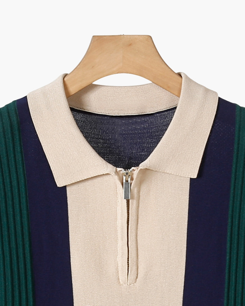 Men's Knitted Polo Shirt with Zipper – Striped Green, Beige and Off-White - Mance Wear White / XS