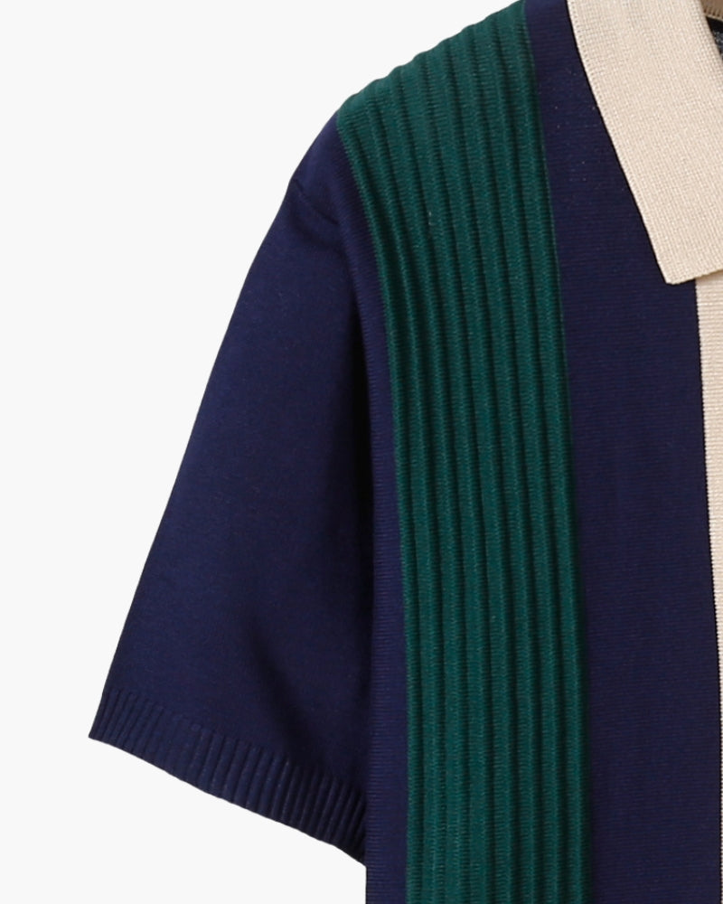 Men's Knitted Polo Shirt with Zipper – Striped Green, Beige and Off-White - Mance Wear White / XS