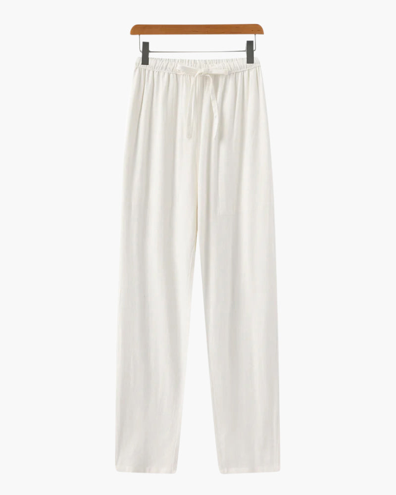 Linen Drawstring Pants – Light Beige – Relaxed Fit - Mance Wear White / S