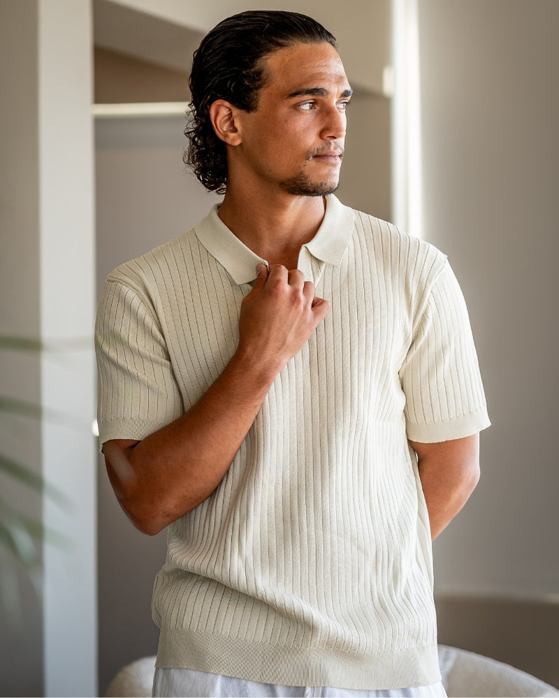Ribbed Knit Polo – Short Sleeve – Minimalist Style - Mance Wear Beige / XS