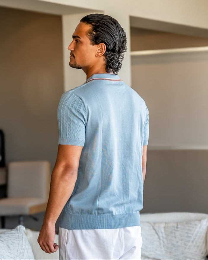 Textured Knit Polo – Short Sleeve – Contrast Collar - Mance Wear Blue Gray / S