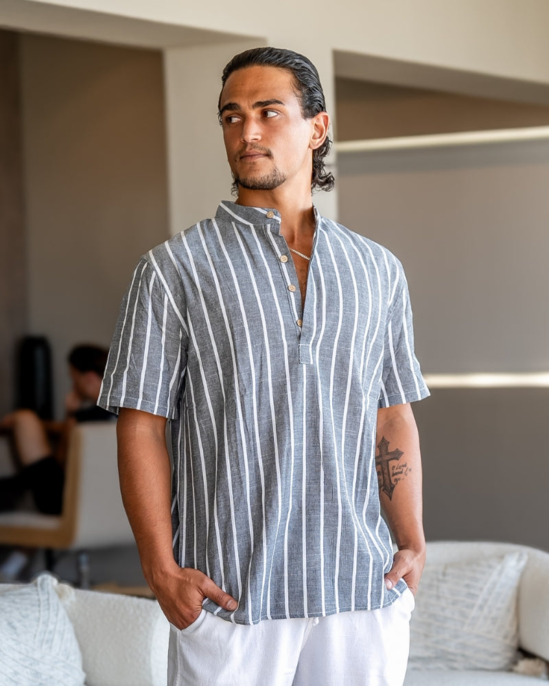 Striped Linen Shirt – Short Sleeve – Band Collar - Mance Wear Blue / S