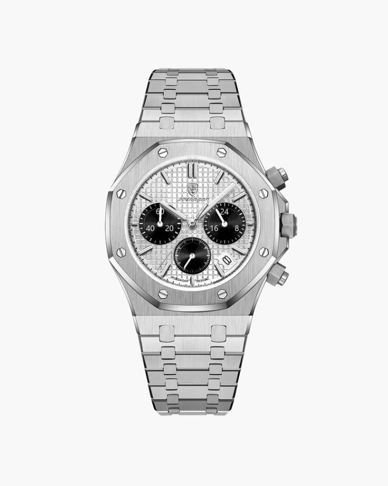 Lugano Royal Chronograph Watch – Silver Steel & Black Dials - Mance Wear Silver