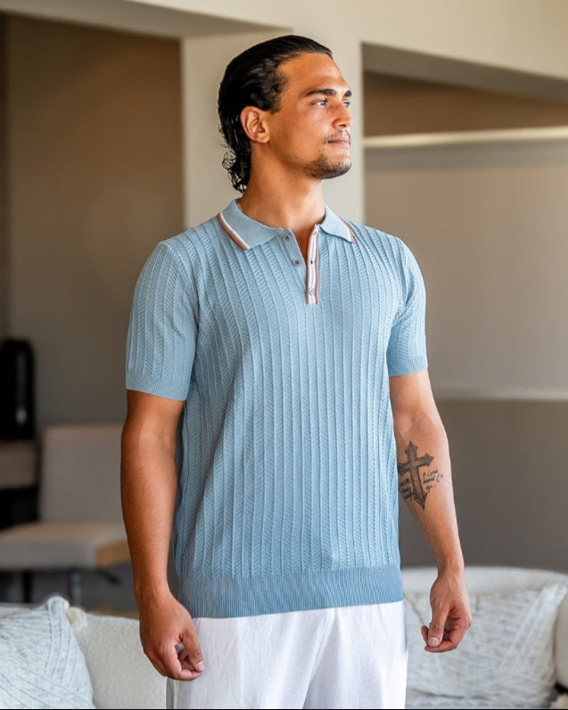Textured Knit Polo – Short Sleeve – Contrast Collar - Mance Wear Blue Gray / S