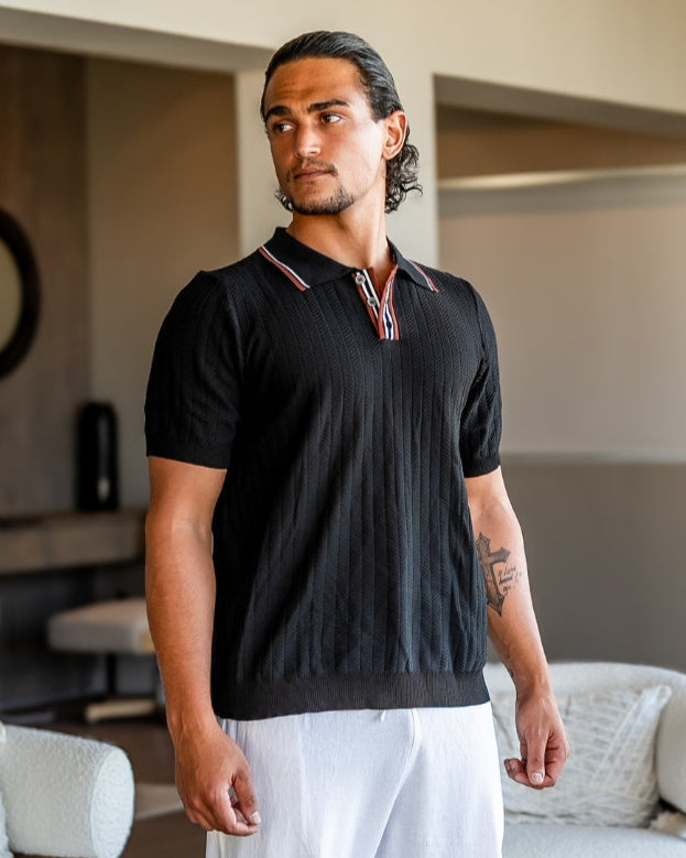 Textured Knit Polo – Short Sleeve – Contrast Collar - Mance Wear Black / S