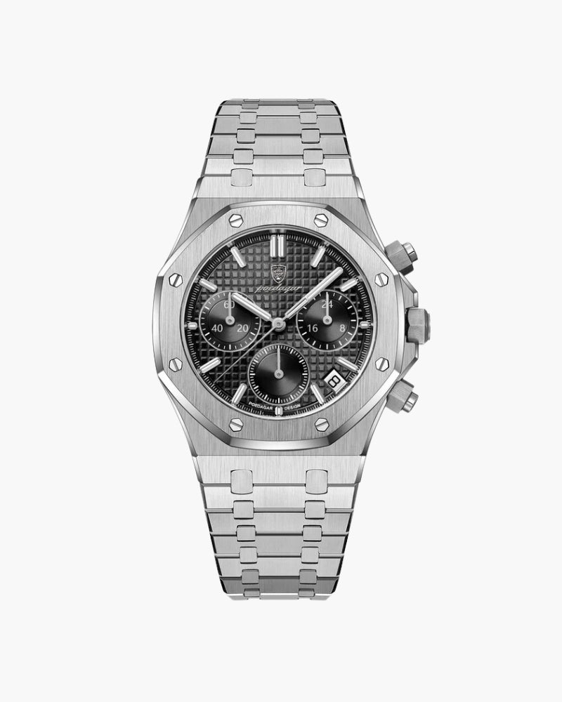 Lugano Royal Chronograph Watch – Silver Steel & Black Dials - Mance Wear Black