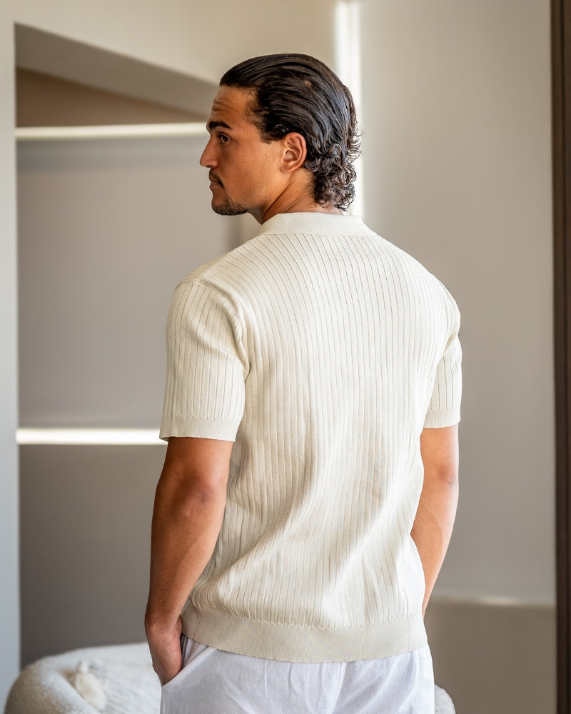 Ribbed Knit Polo – Short Sleeve – Minimalist Style - Mance Wear Beige / XS