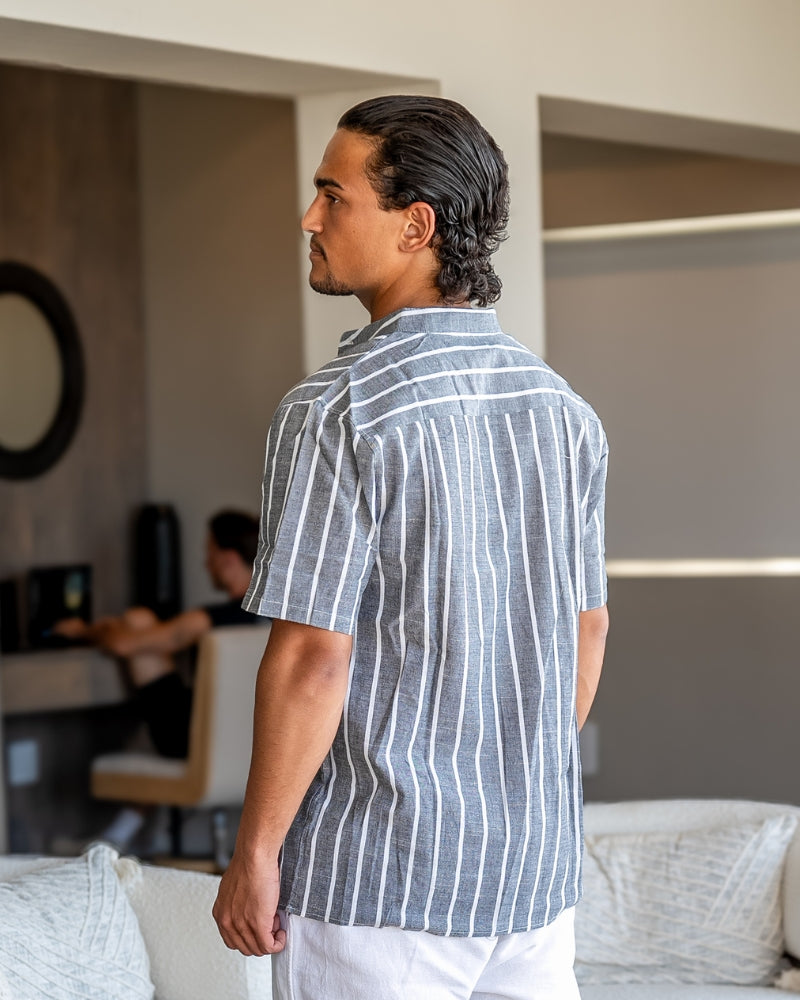 Striped Linen Shirt – Short Sleeve – Band Collar - Mance Wear Blue / S