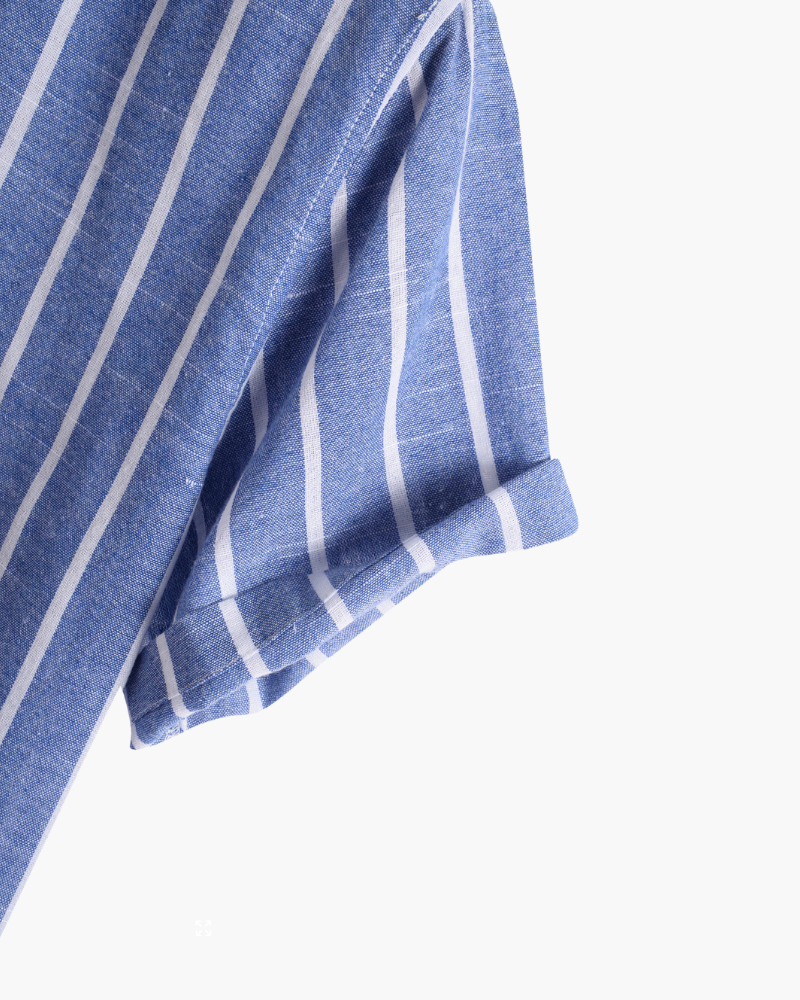 Striped Linen Shirt – Short Sleeve – Band Collar - Mance Wear Blue / S