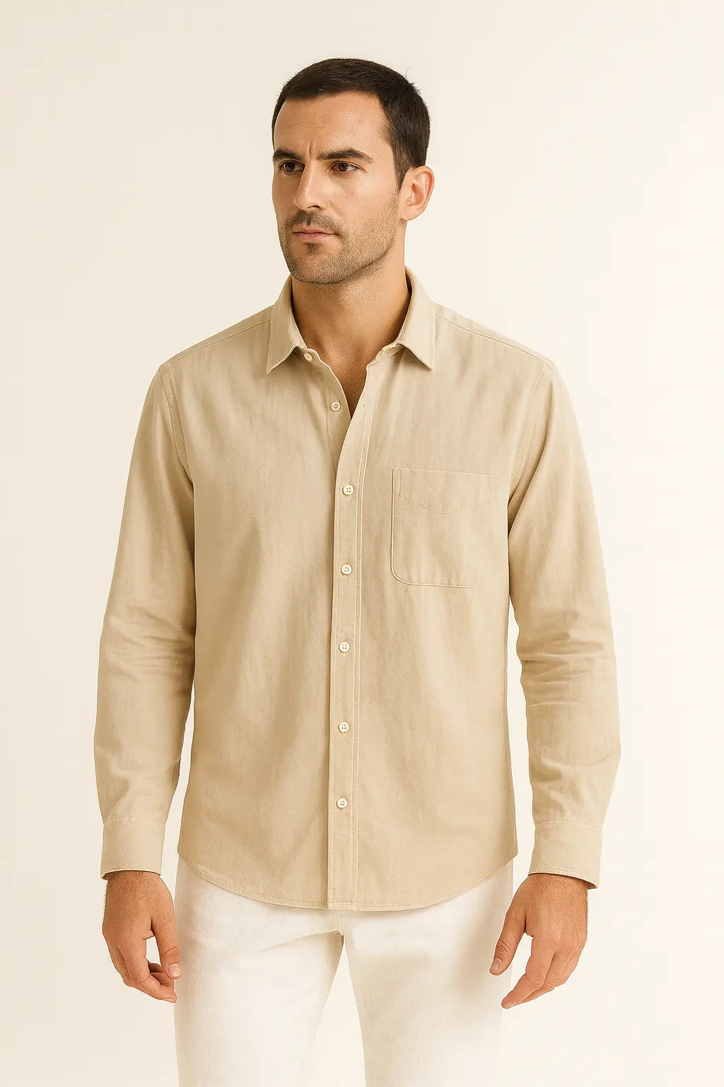 Classic Linen-Blend Button-Up Shirt - Mance Wear Beige / S