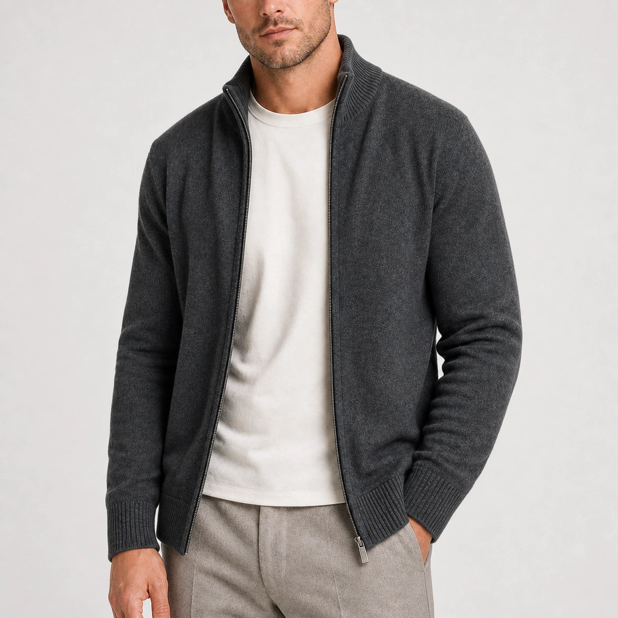 Men's dark grey zip-up knit cardigan – smart casual front view
