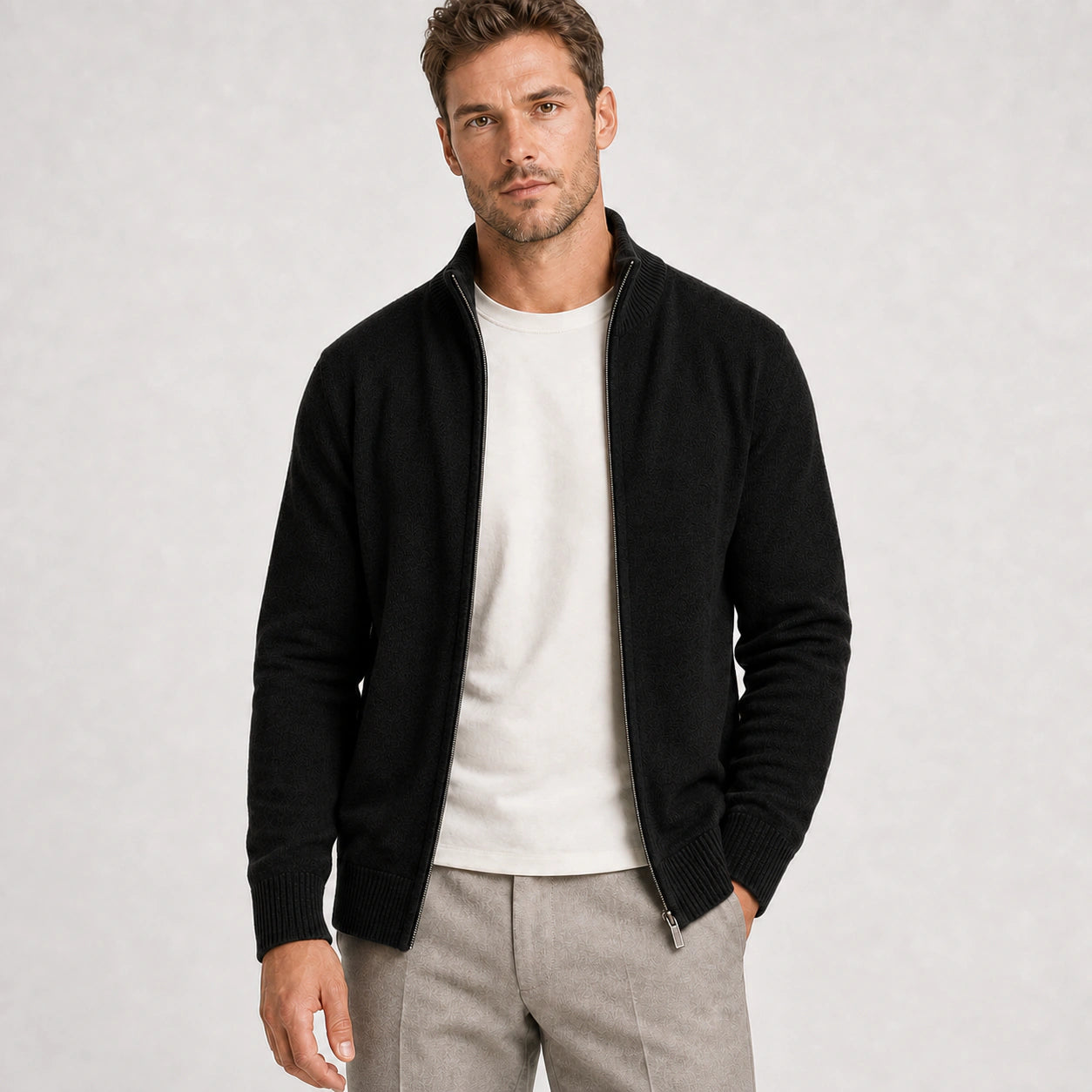 Men's black zip-up knit cardigan – front view