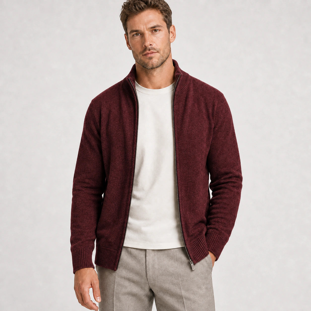 Men's wine red zip-up knit cardigan – front view