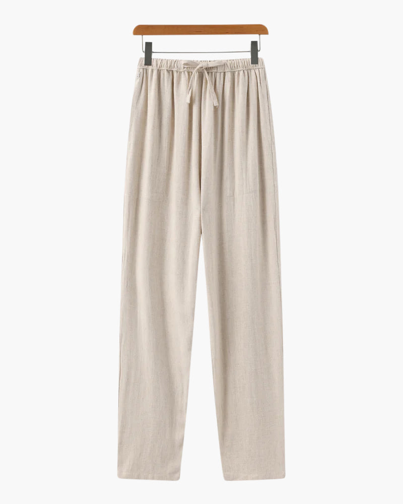 Linen Drawstring Pants – Light Beige – Relaxed Fit