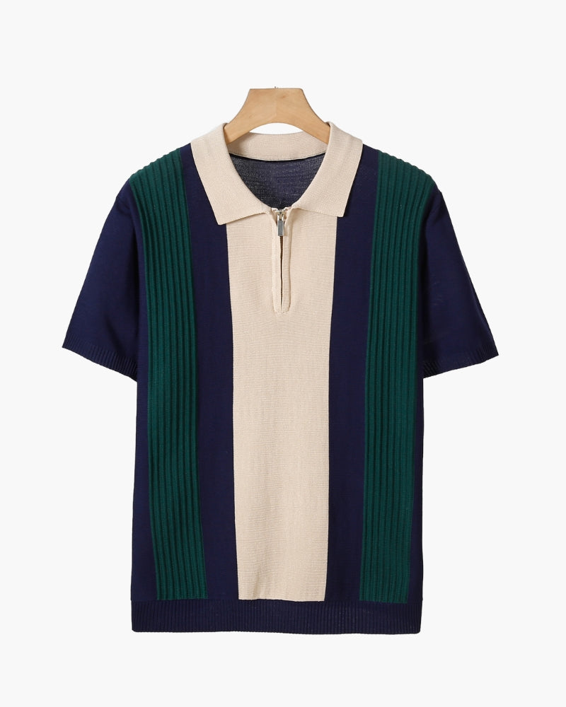 Men's Knitted Polo Shirt with Zipper – Striped Green, Beige and Off-White