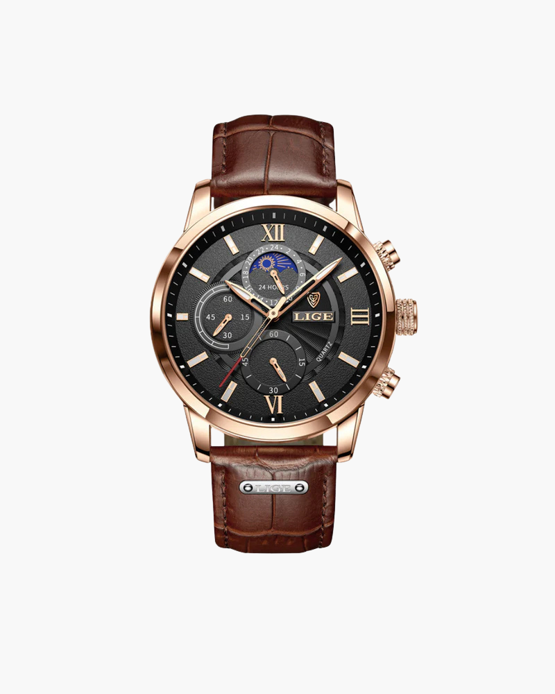 Lugano Classic Chronograph Watch – Rose Gold & Brown Leather