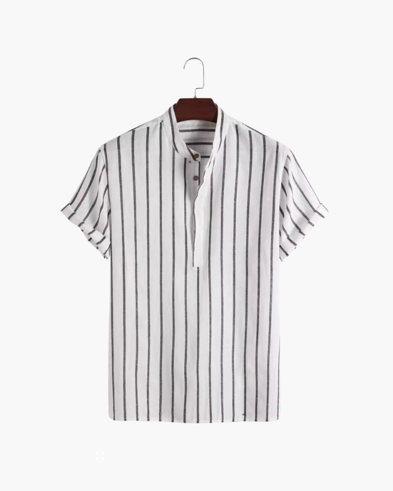 Striped Linen Shirt – Short Sleeve – Band Collar - Mance Wear White / S