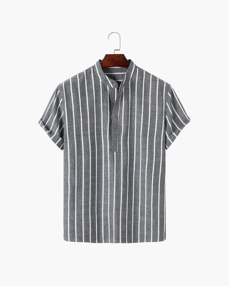 Striped Linen Shirt – Short Sleeve – Band Collar - Mance Wear Gray / S