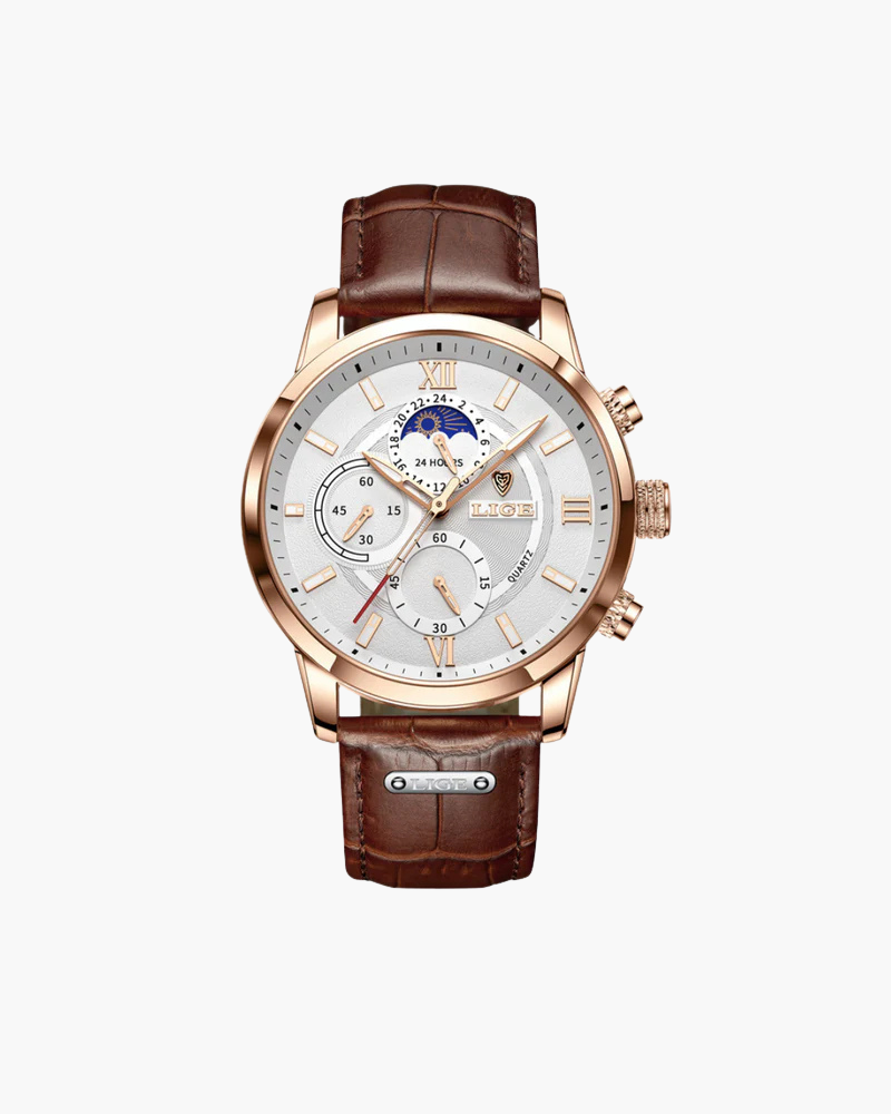 Lugano Classic Chronograph Watch – Rose Gold & Brown Leather