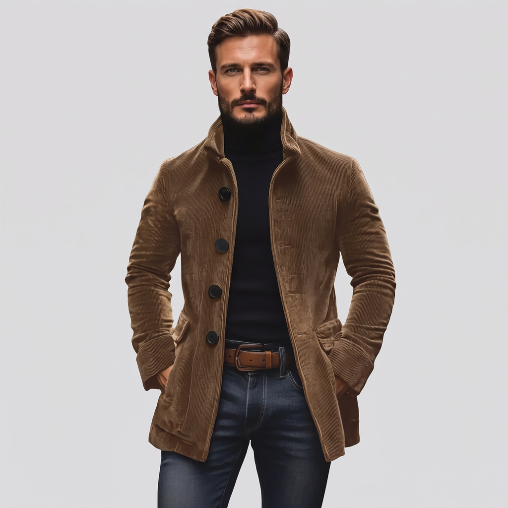 Nathan Slim-Fit Corduroy Coat in light brown – men's stand collar corduroy coat