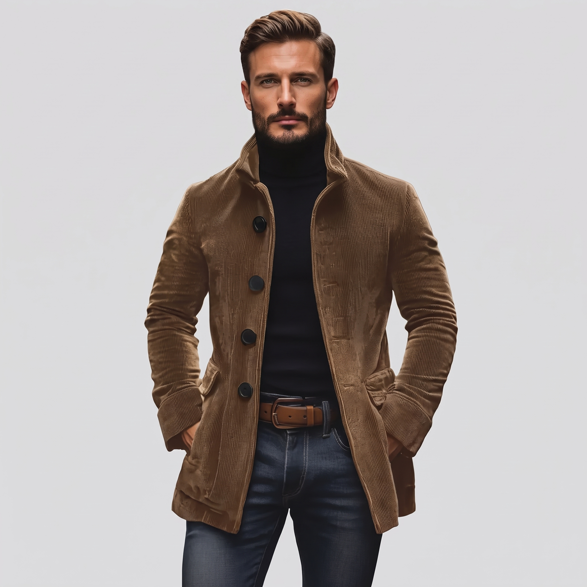 Nathan Slim-Fit Corduroy Coat in light brown – men's stand collar corduroy coat