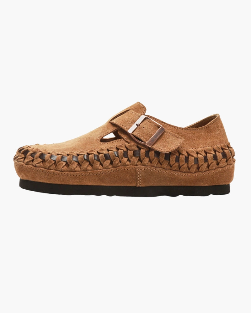Men's Somerset woven suede buckle shoe in beige – handcrafted footwear – Mance Wear