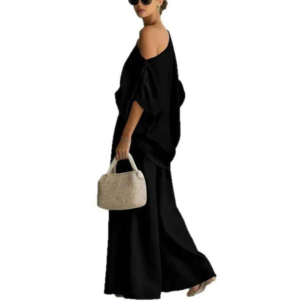 Sofia Asymmetric Drape Linen Set black – Mance Wear women's two piece set
