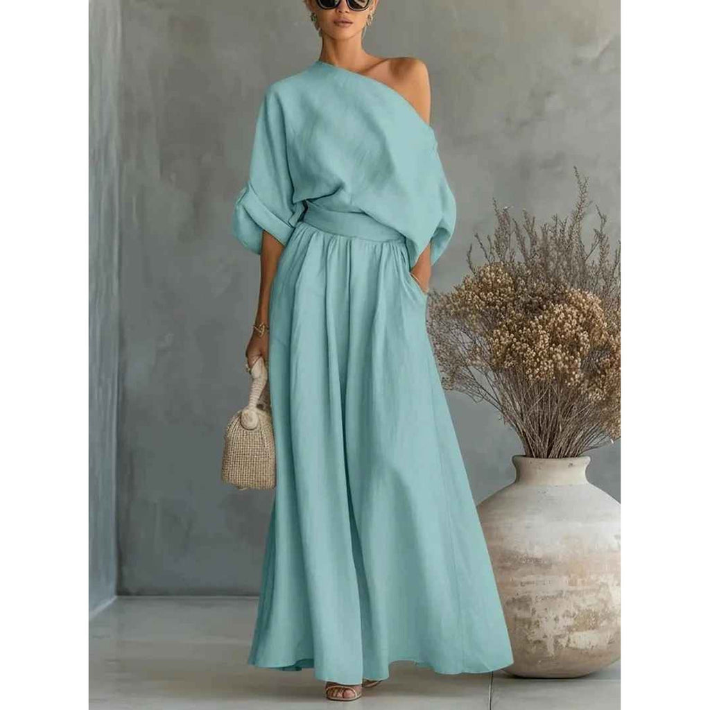 Sofia Asymmetric Drape Linen Set blue – Mance Wear women's two piece set