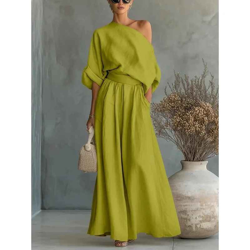 Sofia Asymmetric Drape Linen Set green – Mance Wear women's two piece set