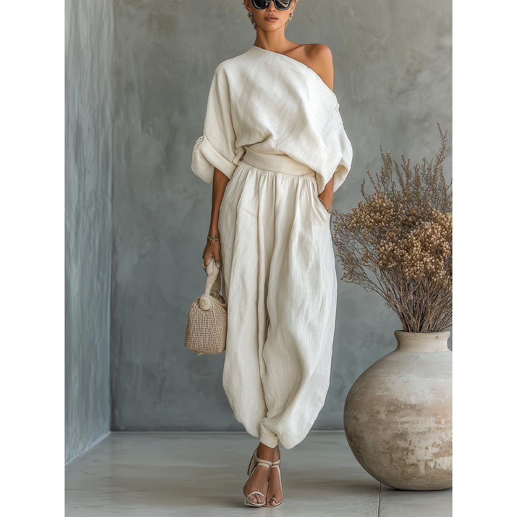 Sofia Asymmetric Drape Linen Set off-white – Mance Wear women's two piece set
