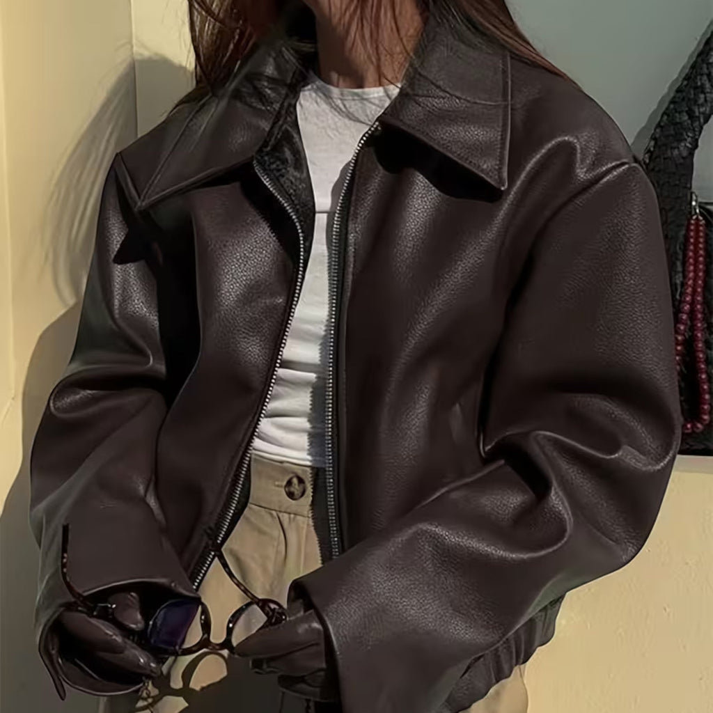 Fleur Lapel Collar Moto Leather Jacket