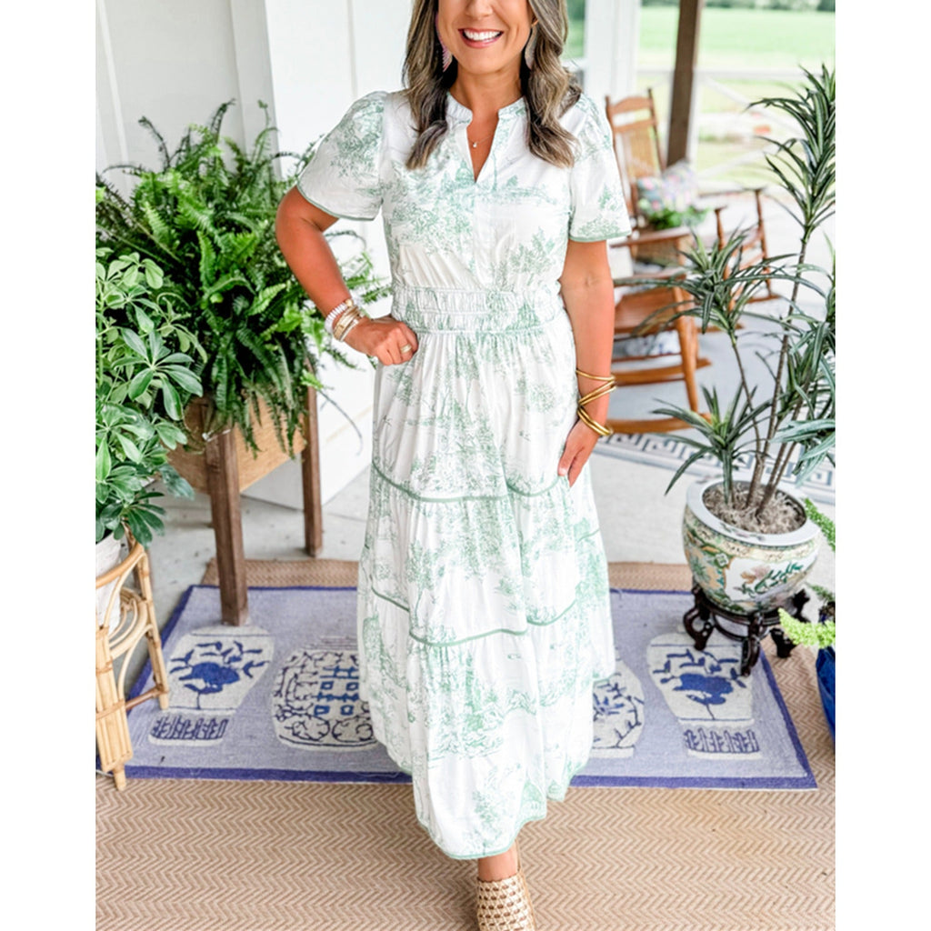 Deborah Toile Print Smocked Maxi Dress