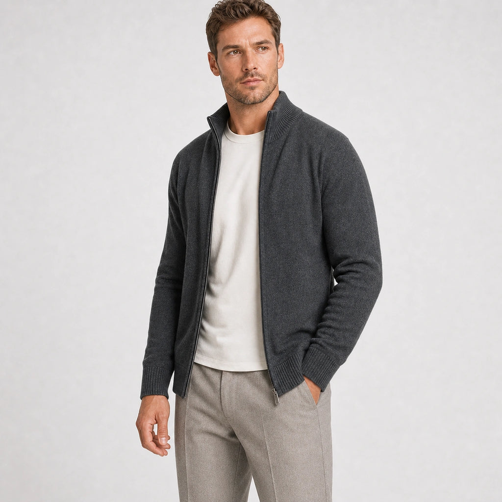 Men's dark grey zip-up knit cardigan – angled view