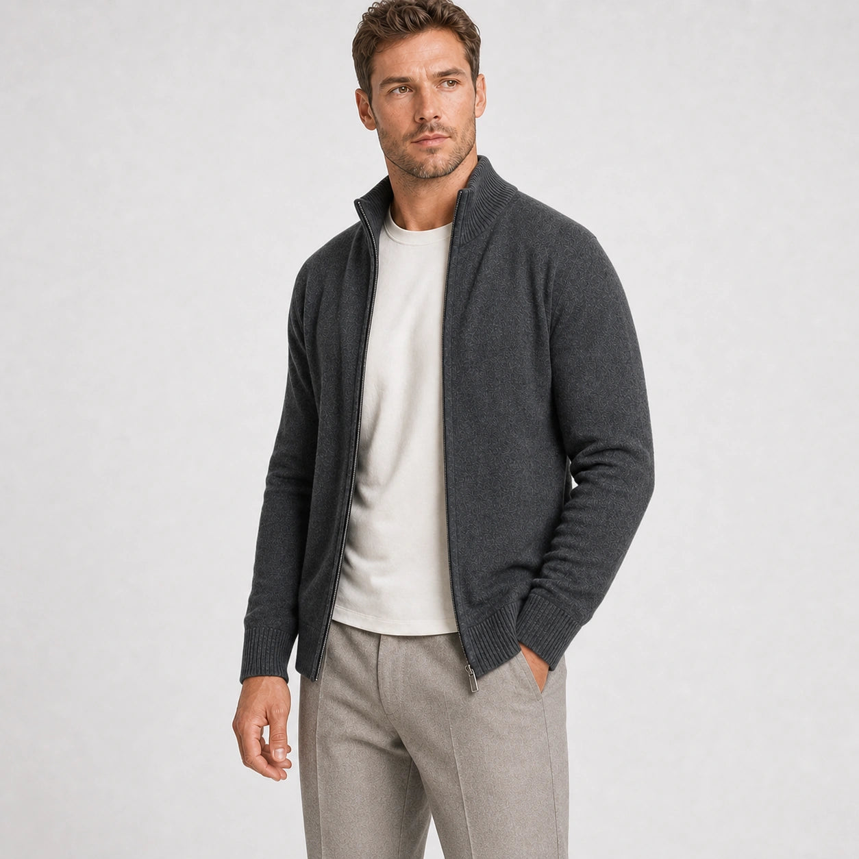 Men's dark grey zip-up knit cardigan – angled view