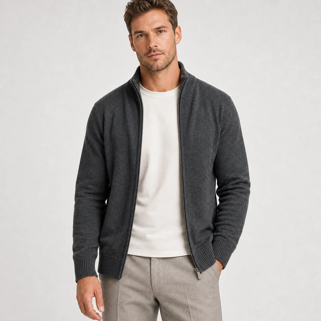 Men's dark grey zip-up knit cardigan – front view