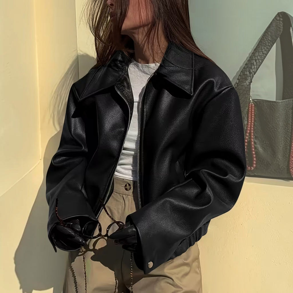 Fleur Lapel Collar Moto Leather Jacket