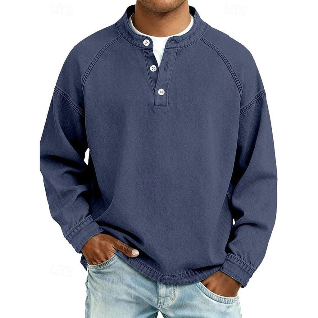 Lewis Vintage Washed Henley Sweater dark blue – Mance Wear men's sweater