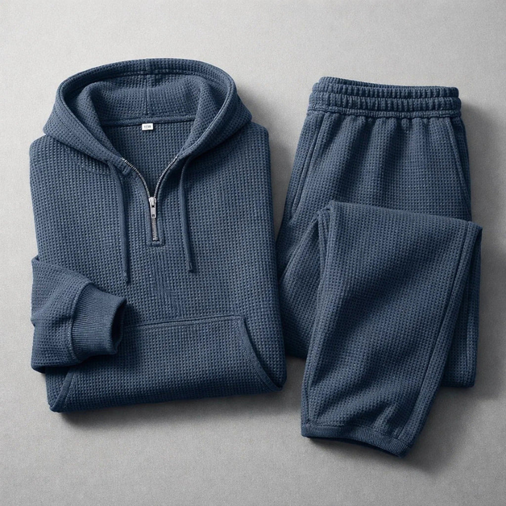 Caleb Waffle Knit Hooded Set navy blue – Mance Wear men's set
