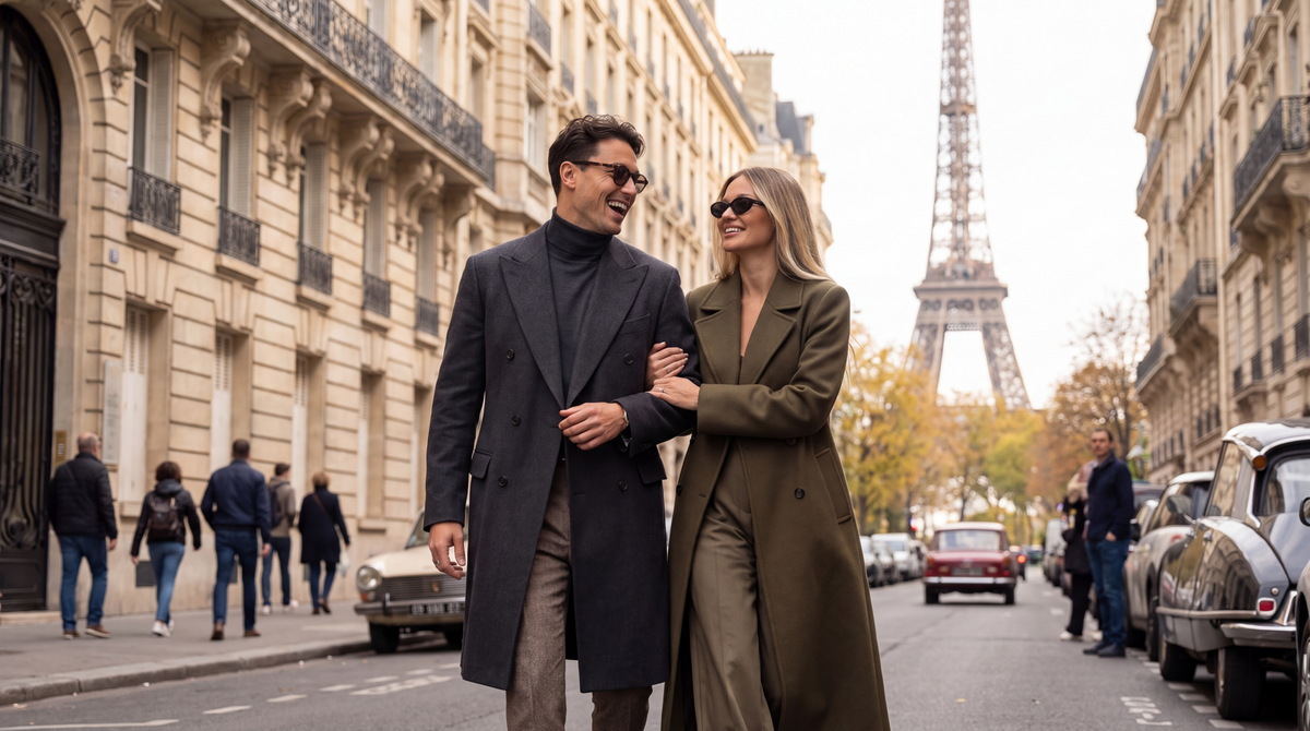 Mance hero banner - couple in premium coats, Paris street style, 4K