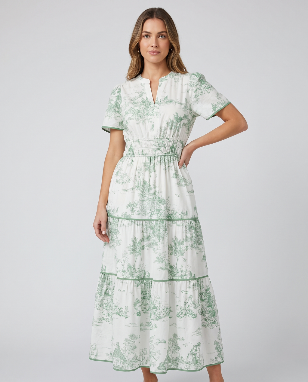 Deborah Toile Print Smocked Maxi Dress in Green by Mance Wear