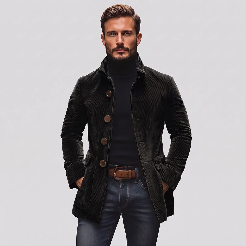 Nathan Slim-Fit Corduroy Coat in black – men's stand collar corduroy coat