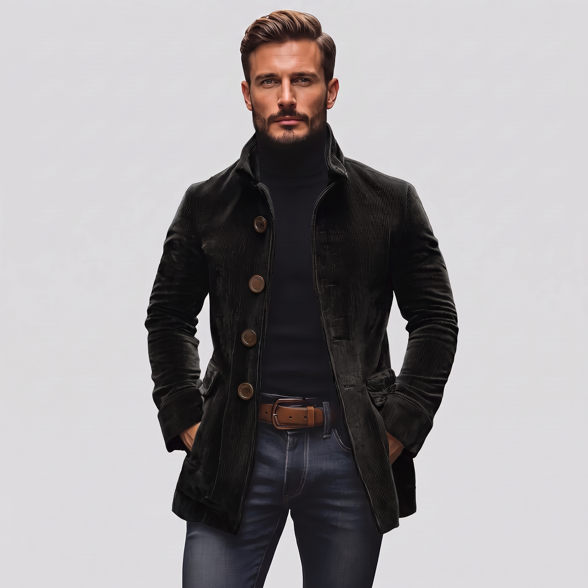 Nathan Slim-Fit Corduroy Coat in black – men's stand collar corduroy coat