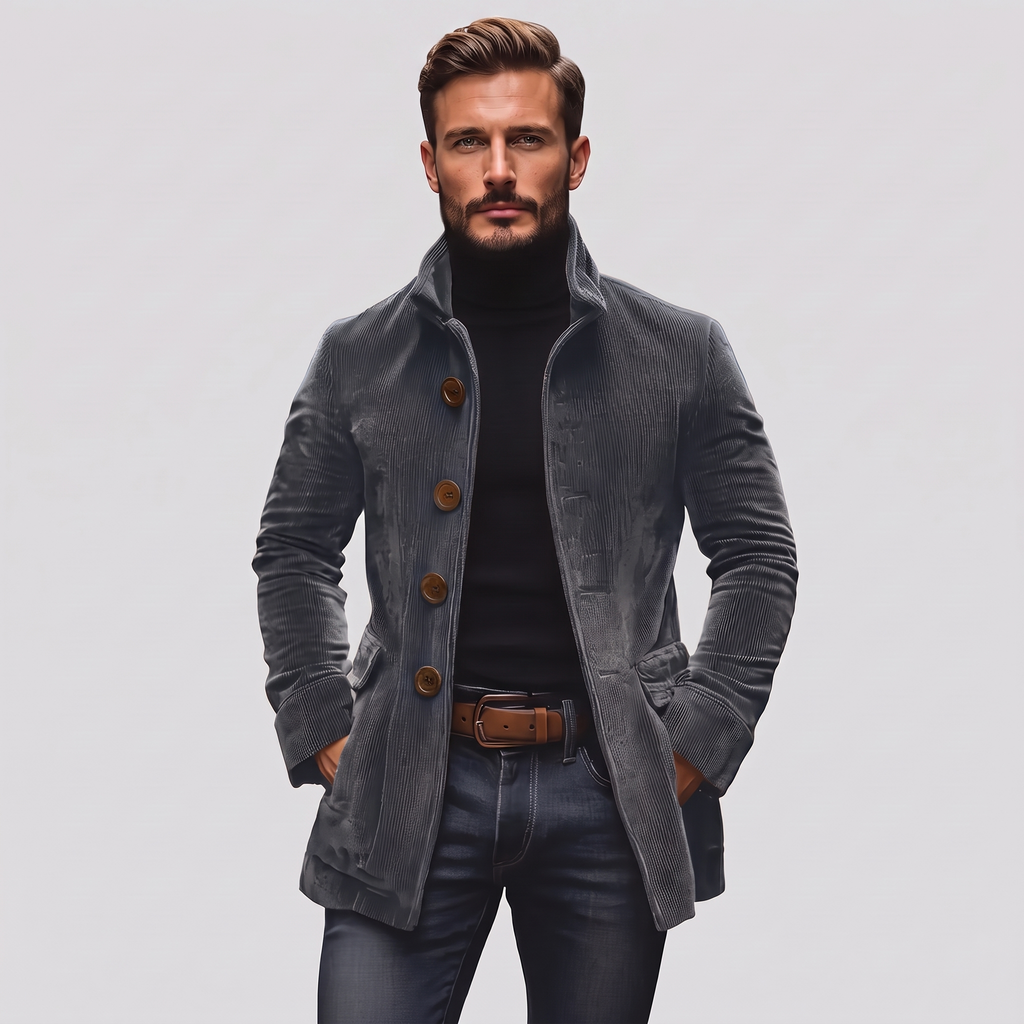 Nathan Slim-Fit Corduroy Coat in grey – men's stand collar corduroy coat
